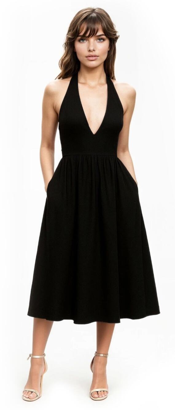 NWT Jewel Badgley Mischka Justine Halter Neck Midi Dress Black 4- Wedding Guest